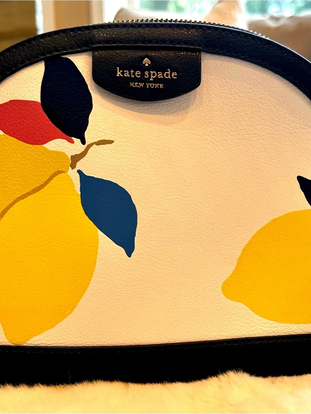 kate spade White Lemon Print Dome Cosmetic Bag - Yellow/Blue/Navy/Pink